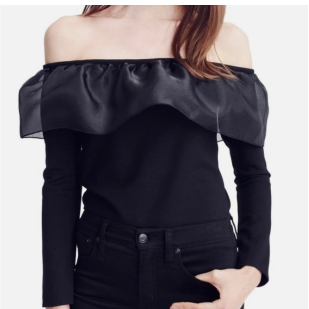 J Crew Organza Off Shoulder Ruffle Knit Top Black H3662